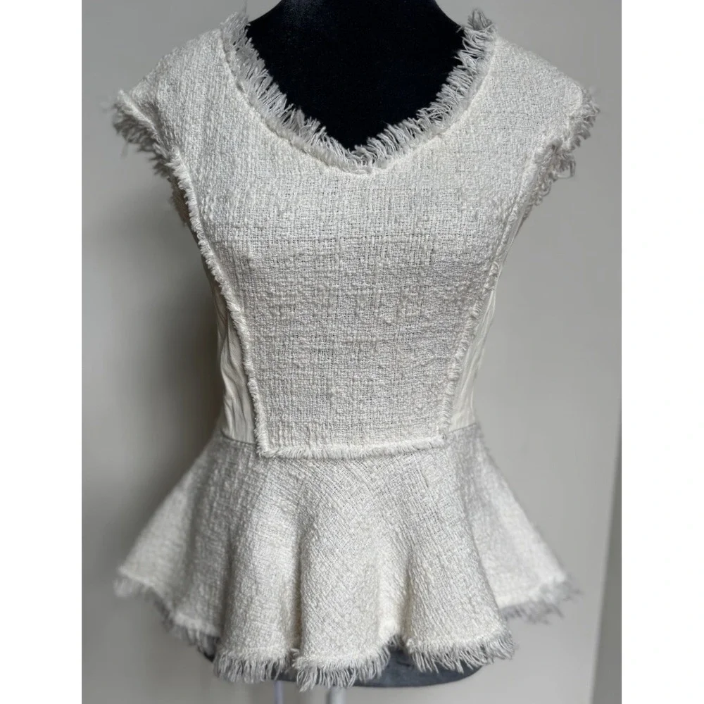 Rebecca Taylor Blouse 4 Tweed Leather‎ Peplum Coquette Old Money Luxury $350 - Picture 14 of 16